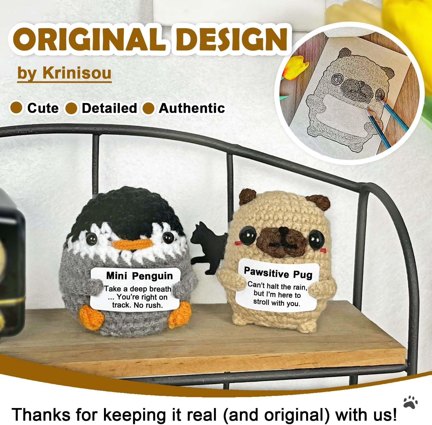 Pug Gifts for Pug Lovers, Positive Crochet Animals Dog, Mini Cute Pug Decor, Inspirational Encouragement Thinking of You Gifts for Women Best Friends image number 3