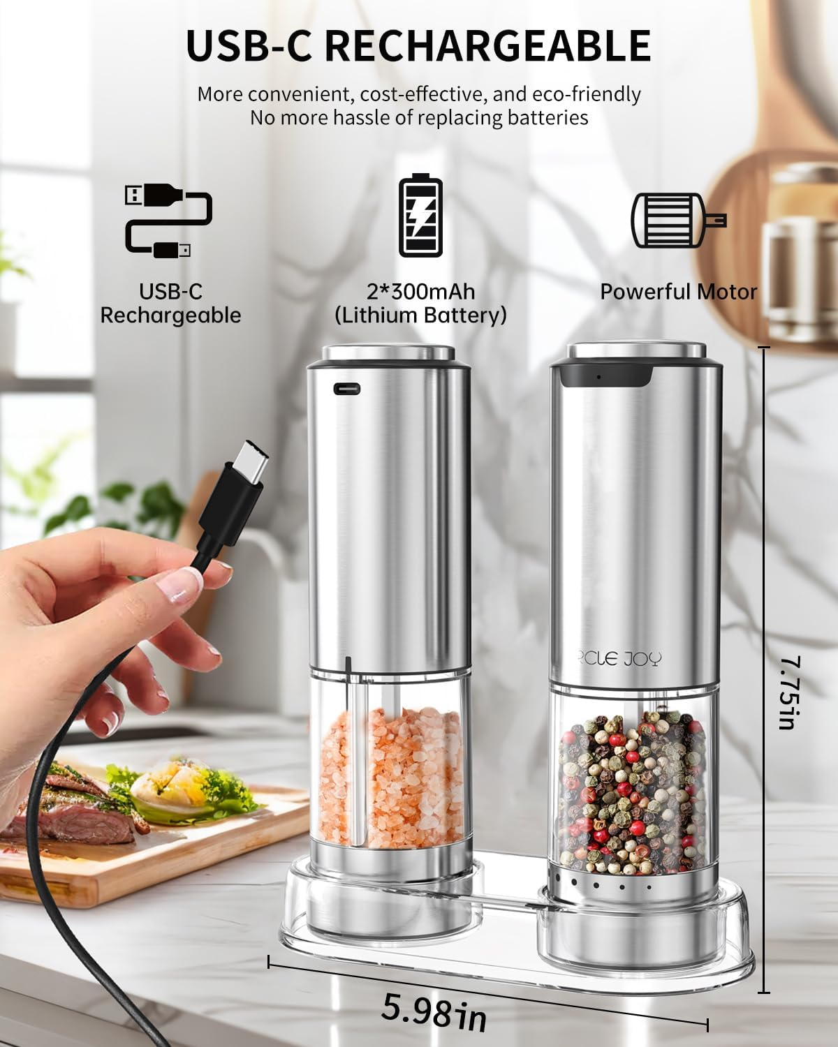 CIRCLE JOY Electric Salt and Pepper Grinder Set Stainless Steel Rechargeable Salt Pepper Mill Set with External Adjustable Coarseness, Storage Base, White LED Light, USB Cable image number 3