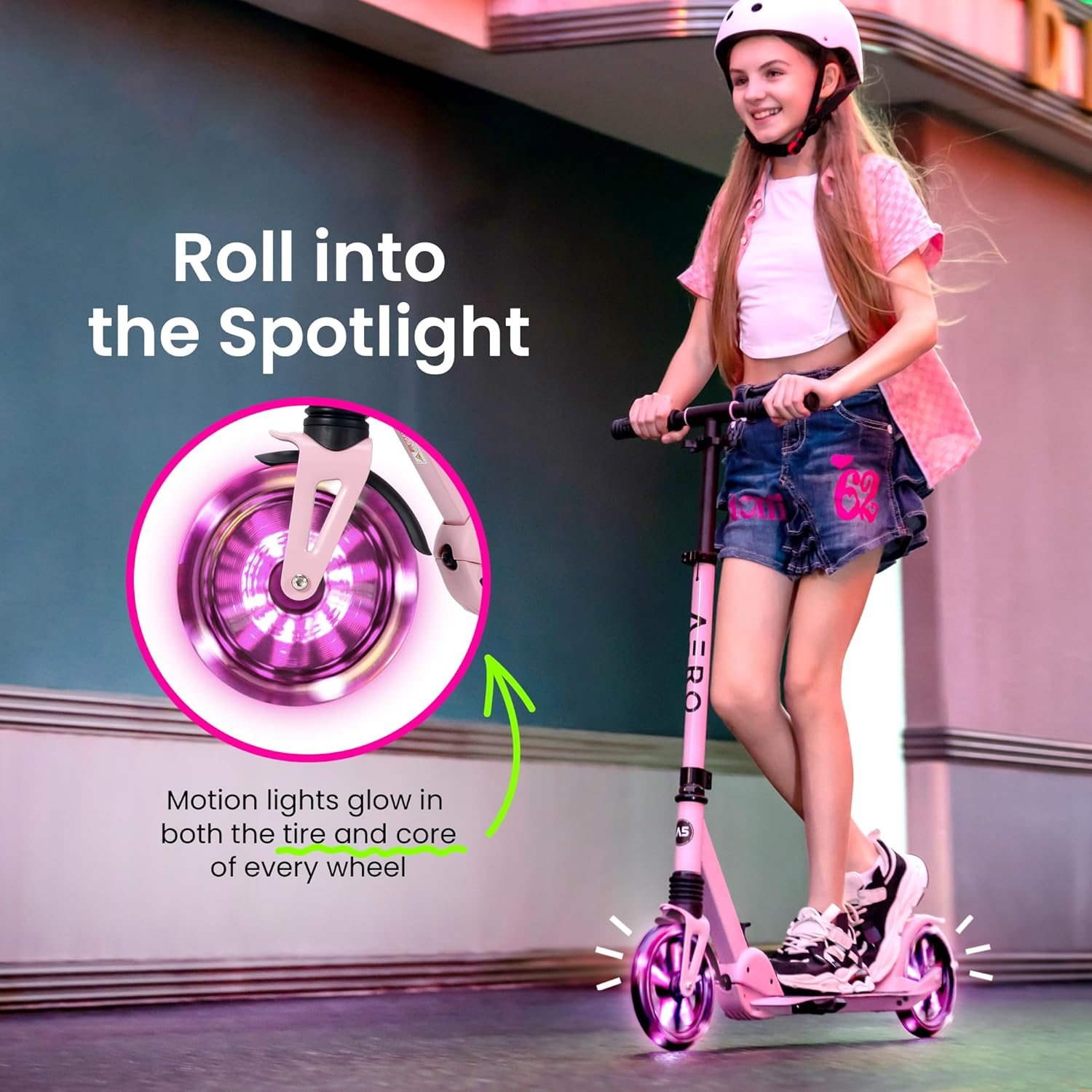 Aero Big Wheels Kick Scooter for Kids 6+, Teens & Adults | Light up Wheels, Hand Brake, Rubber Deck Mat & Shock Absorption | Foldable & Height Adjustable image number 6