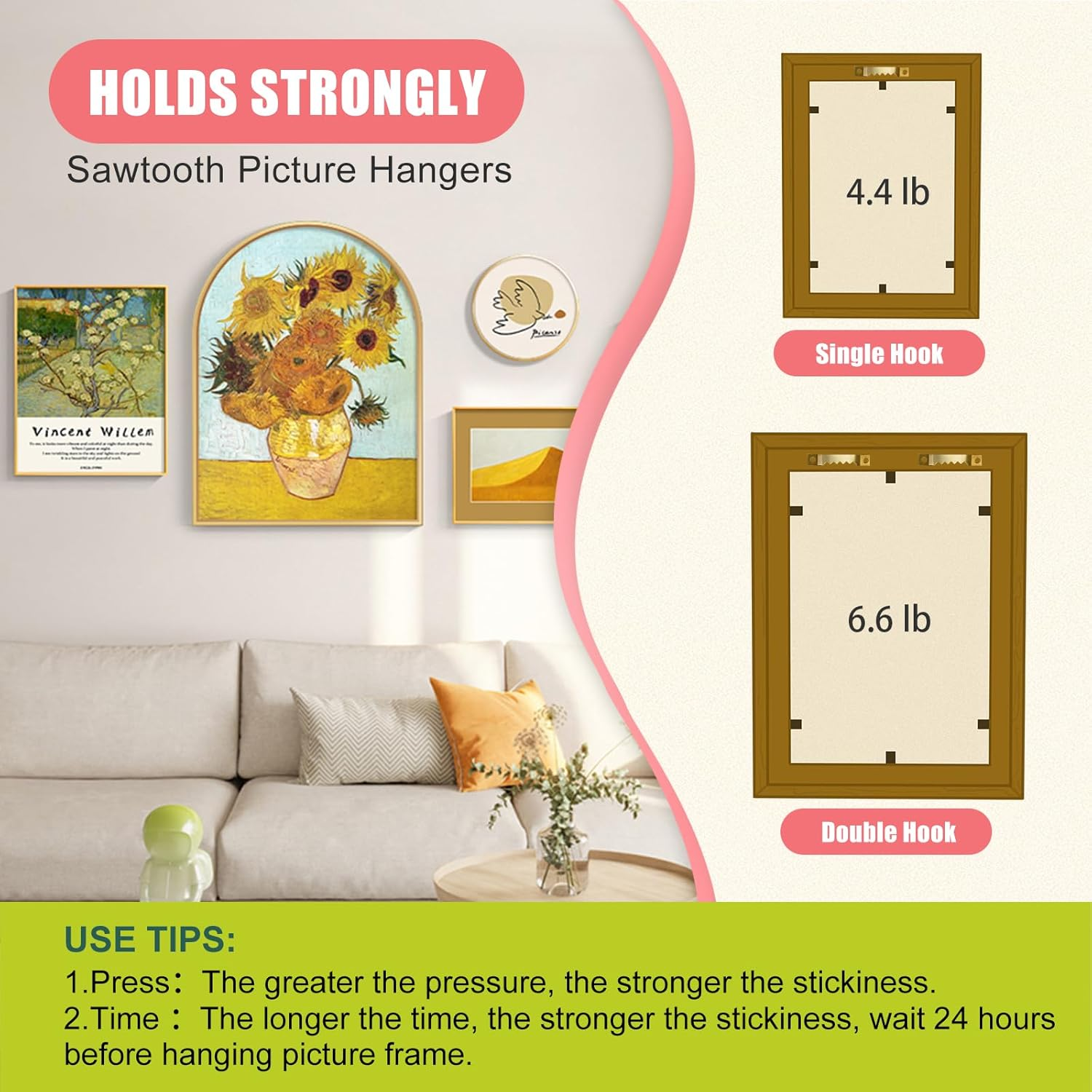 PHIXBEAR Metal Picture Frame Hangers Damage Free Hanging, Picture Hanging Hooks No Damage to Wall Paint, Sawtooth Picture Wall Hangers without Nails, Picture Hanging Strips Hardware Kit, 4 Pack image number 5