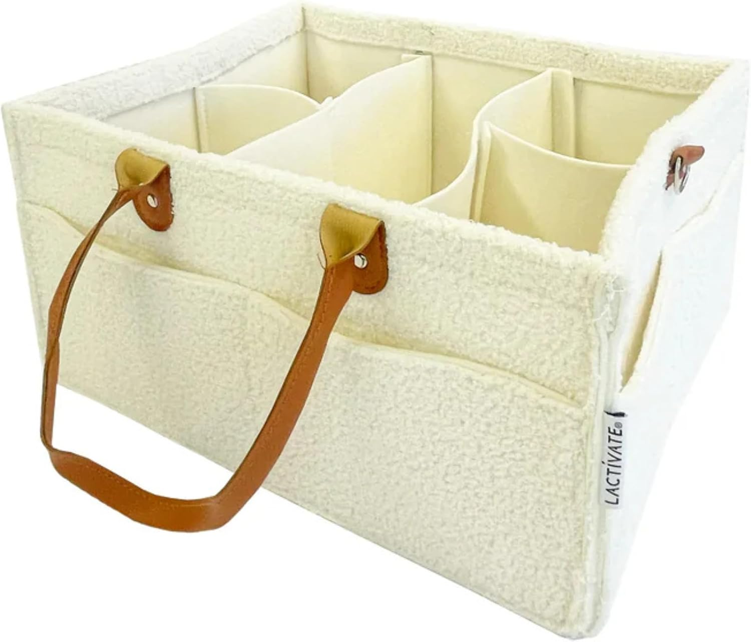 Lactivate Nappy Caddy - Portable Nursing and Diaper Storage Basket for Home & Travel to Organise All of Baby and Mum'S Nursery Essentials - Made of Neutral Cream Teddy Fabric & Felt for Boys & Girls