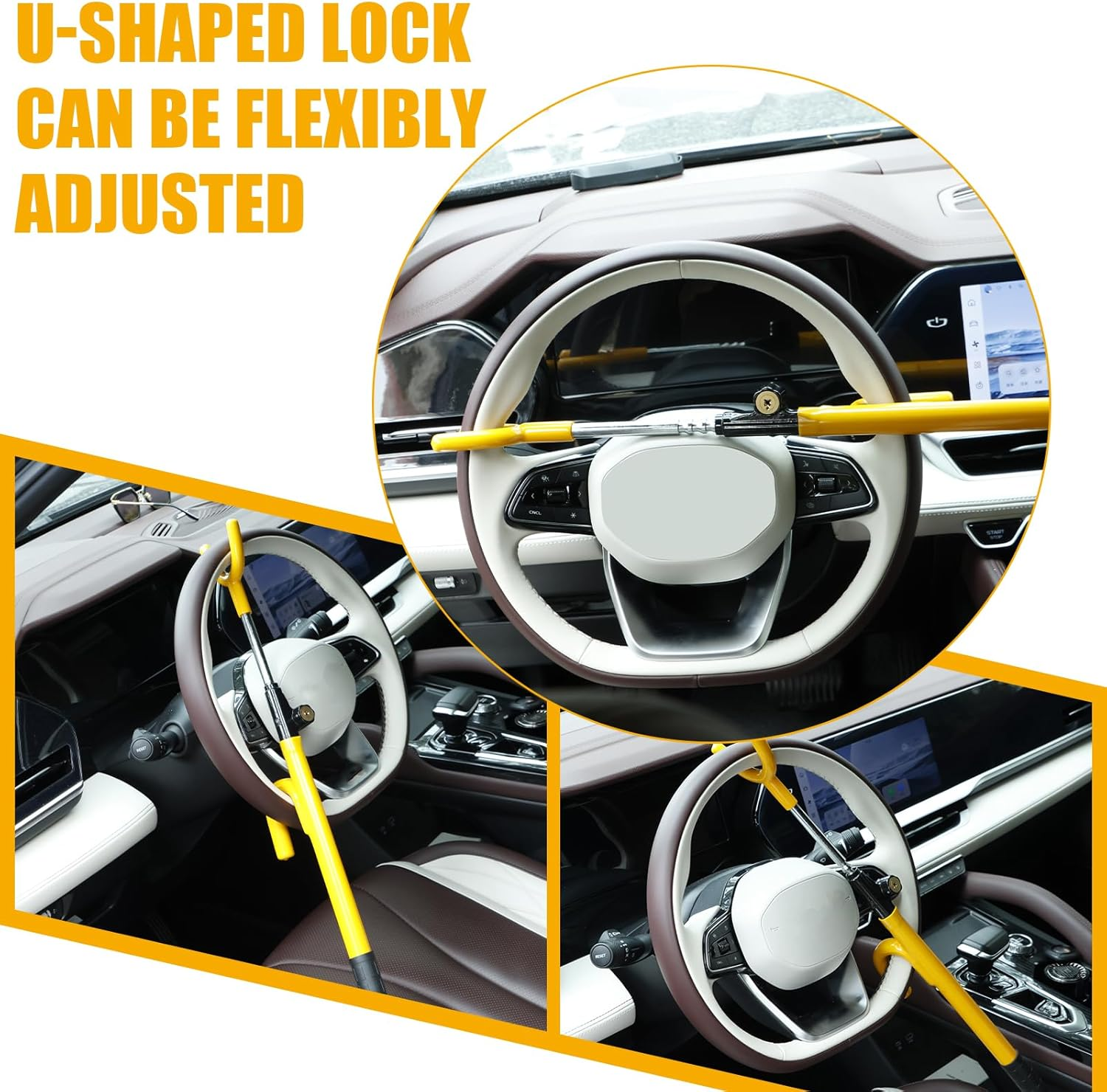 Car Steering Wheel Lock Vehicle Security Lock anti Theft Device Adjustable Car Steering Wheel Locks with 2 Keys for Cars Trucks Vans and Suvs Easy Installation (Yellow, 1Pc) image number 5