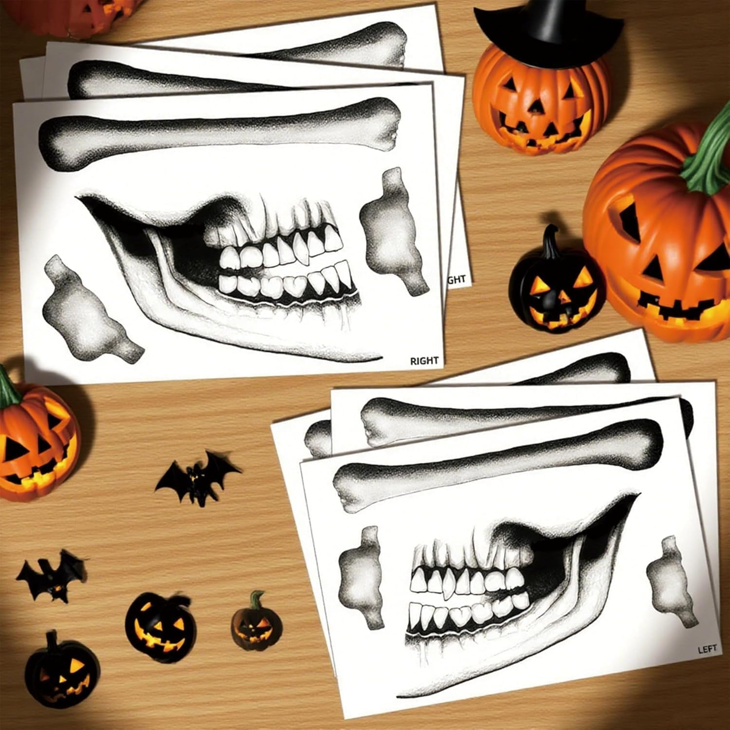 2 Set Skeleton Face Tattoo Classic Skull Temporary Tattoo Halloween Costume for Men and Women,Skeleton Costume，Halloween Face Tattoos image number 4