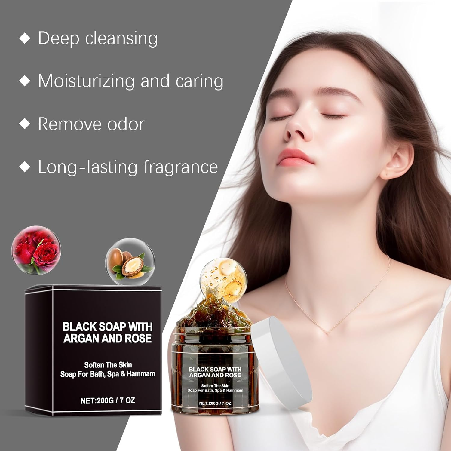 Morocco Black Soap &ndash; Exfoliating Body Scrub Bar with Argan and Rose for Deep Cleaning, Natural African Black Soap Suitable for All Skin Types (01) image number 4