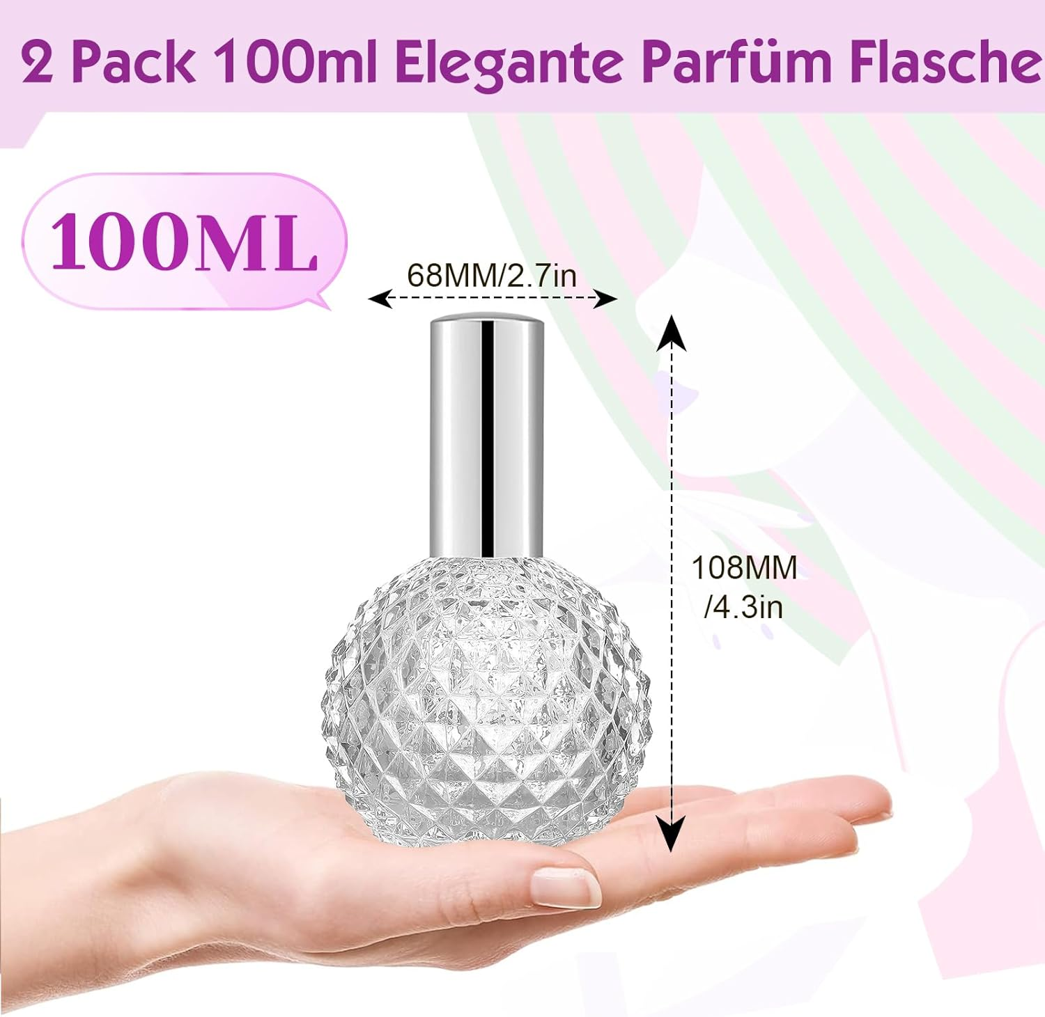 Bohoray Pack of 2 Perfume Atomisers, Refillable, 100 Ml, Bump Mapping Perfume Bottle, Empty, Transparent Perfume Bottle with Packaging Tools, Perfume Bottles Refillable for Women or Girls image number 4