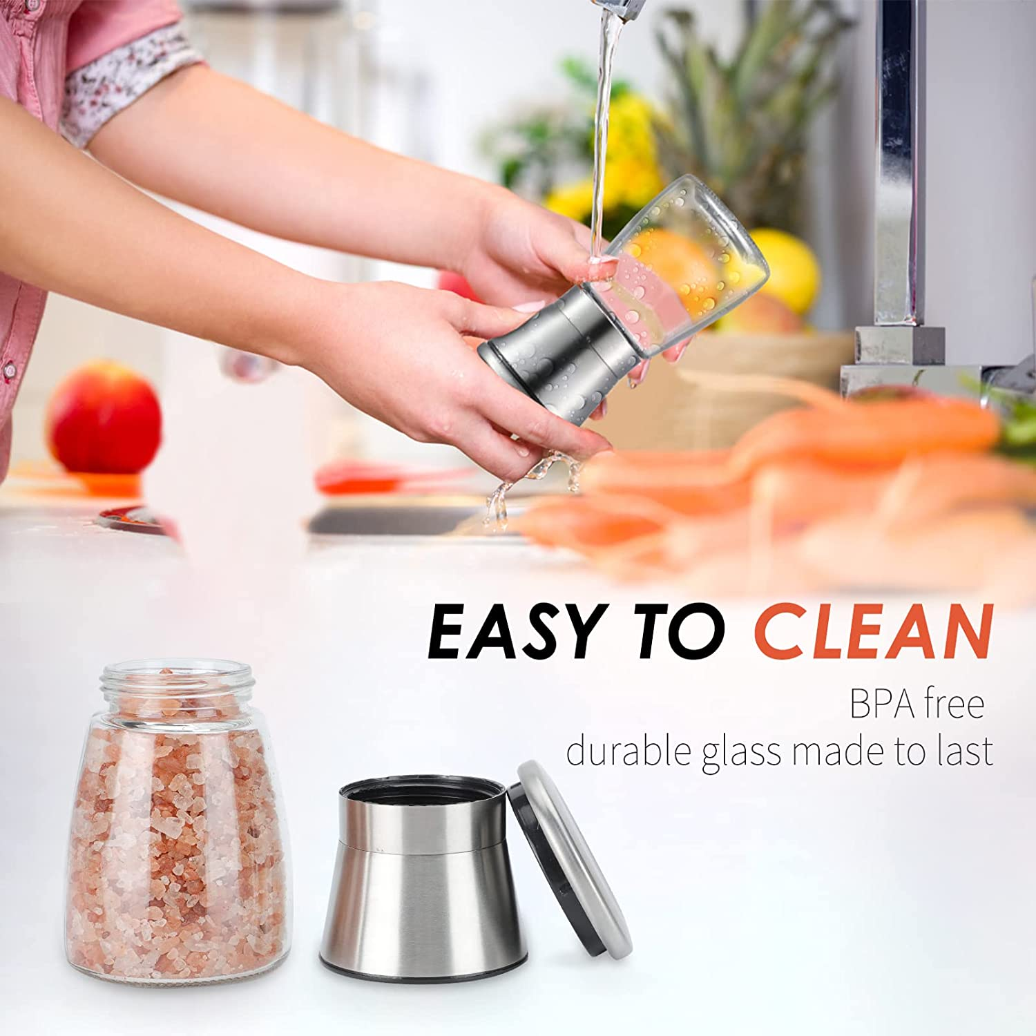 Salt and Pepper Grinder Set - Refillable Grinder Adjustable Coarseness of Pepper Salt Spice Stainless Steel Mills Glass 6Oz（2 Pack） - Silver1 image number 4