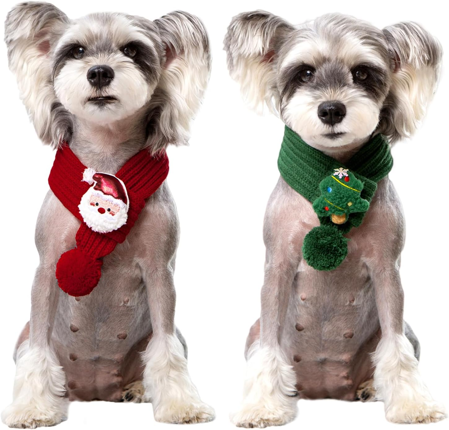 BSITSSS 2 Pieces Cat Dog Christmas Outfit, Santa Christmas Tree Cat Dog Scarf Knitted, Green and Red Pet Scarf Costume with Fuzzy Pompom for Xmas Winter Pet Puppy Kitten Costume Accessories image number 4