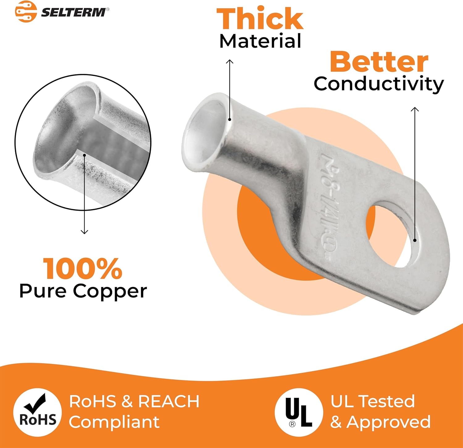 SELTERM UL Listed Marine Grade American Wire Gauge Lugs, Battery Cable Ends, Tin Plated Copper Eyelets, Tubular Ring Terminals, Closed End Crimp Connectors &mdash; 8 AWG (10 Mm&sup2;) to 250 MCM (150 Mm&sup2;) image number 2