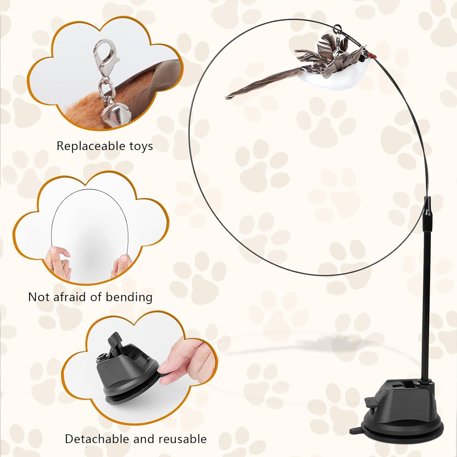 Aiqinu Cat Toy Interactive Cat Toy Suction Cup 1 Cat Fishing Rod with 2 Bells Birds, Intelligence Toy for Cats Wand