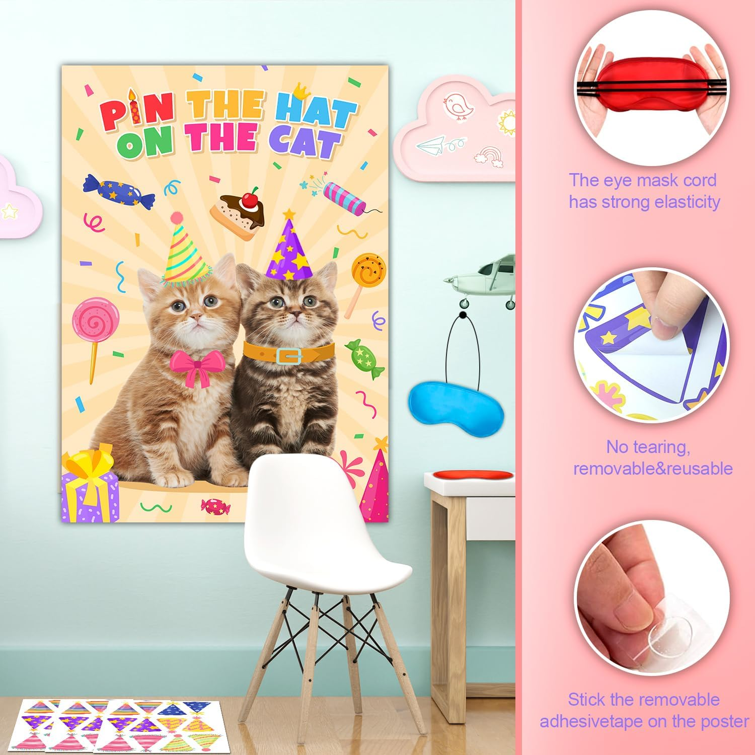 Pin the Hat on the Cat Party Games, 7 Pcs Cat Birthday Party Games Kit - Games Poster, Birthday Hat Stickers Etc Decorations Supplies image number 1