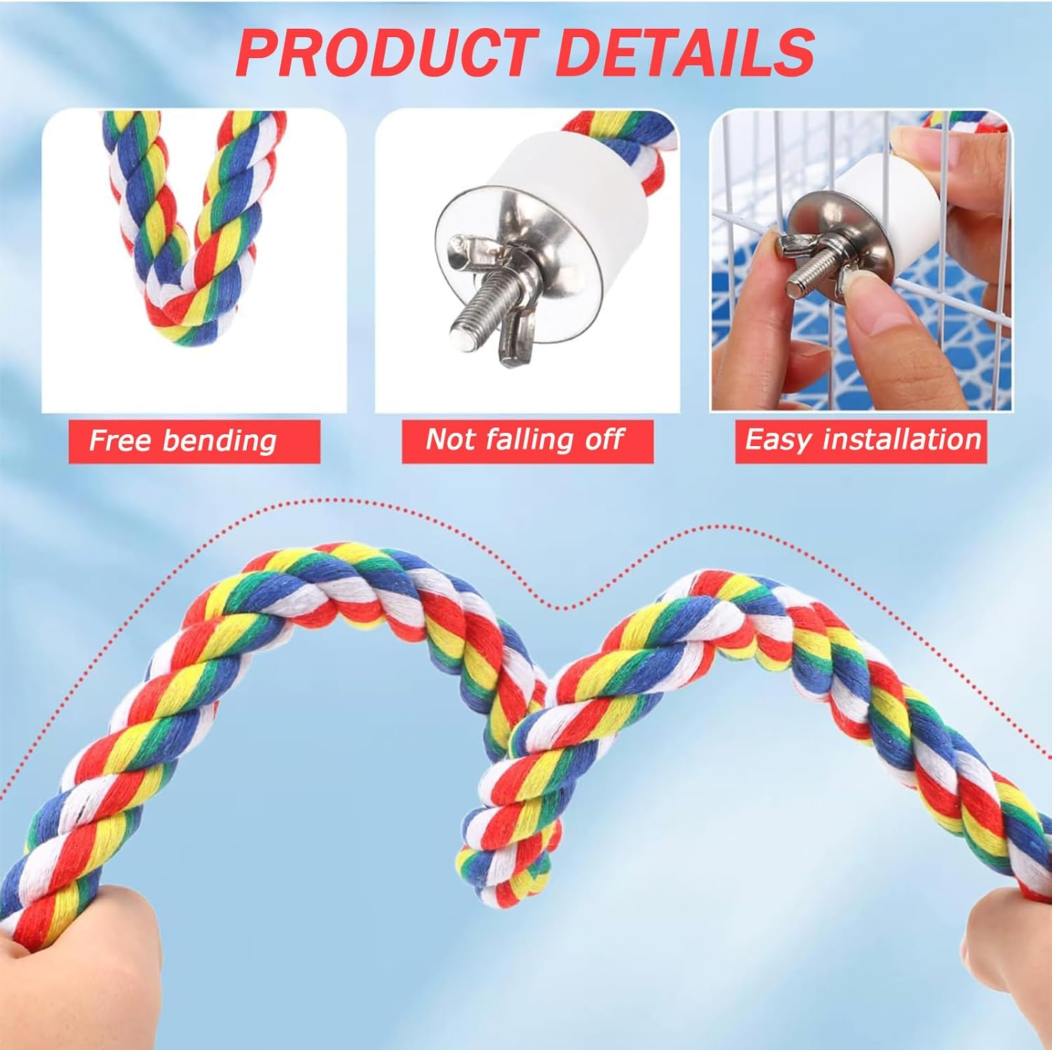 Dark Bird Rope Perch (1-Pack，31In) - Flexible and Bable Perch for Bungee Parrots, Parrots, Budgerigars, Steel Wire Supports and Easy-To-Install Cage Ropes image number 5