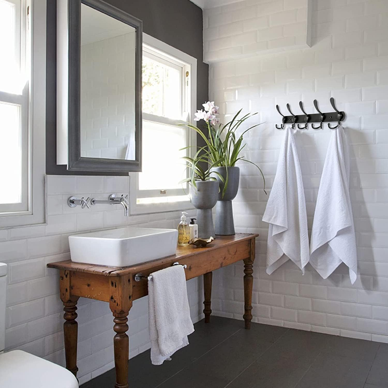 Coat Rack Wall Mounted Wall Hanger,5 Tri Hooks, Heavy Duty, Stainless Steel, Metal Coat Hook Rail for Coat Hat Towel Purse Robes Mudroom Bathroom Entryway(Matte Black,2 Packs) image number 1