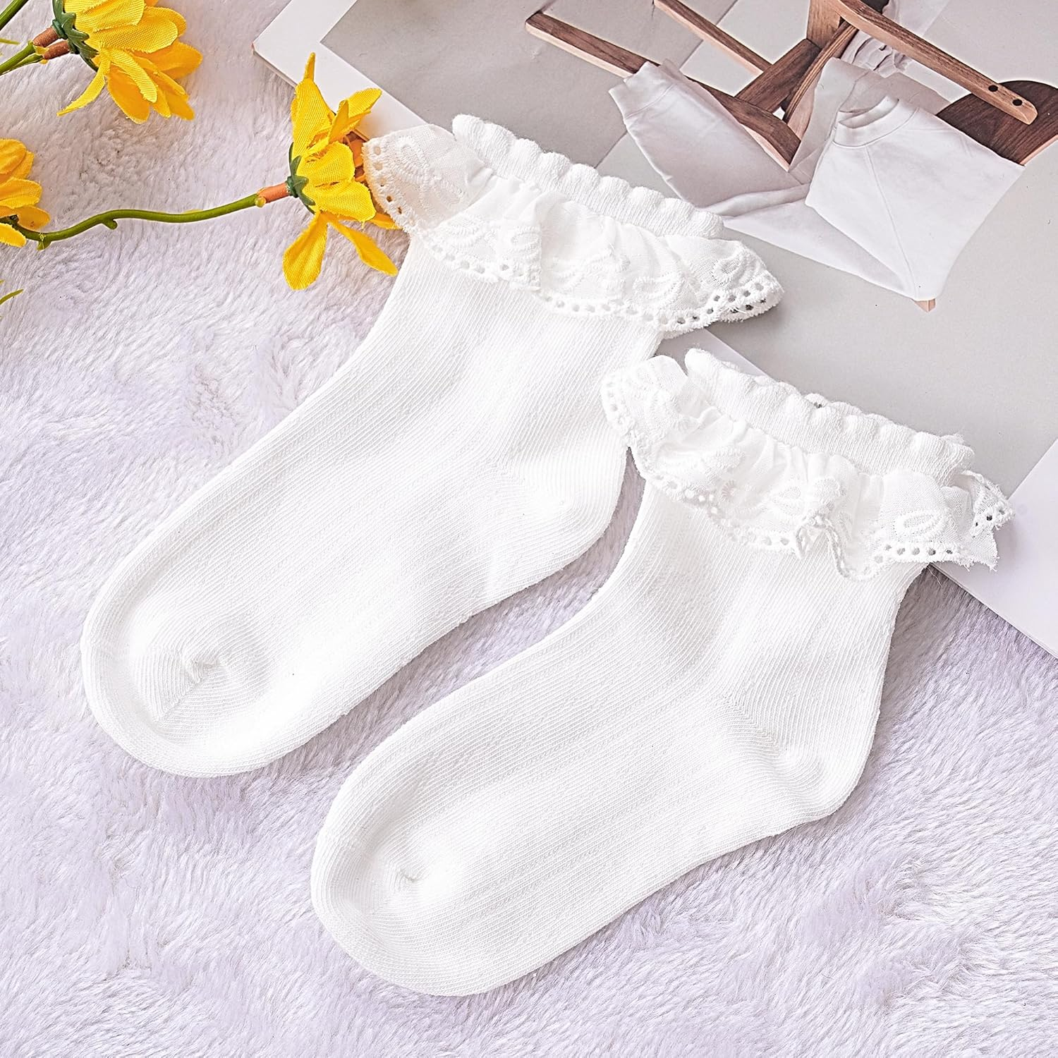 3 Pairs Girls White Ruffle Socks Ruffled Lace Socks for Girls Toddler Cute Cotton Dress Ankle Socks image number 6
