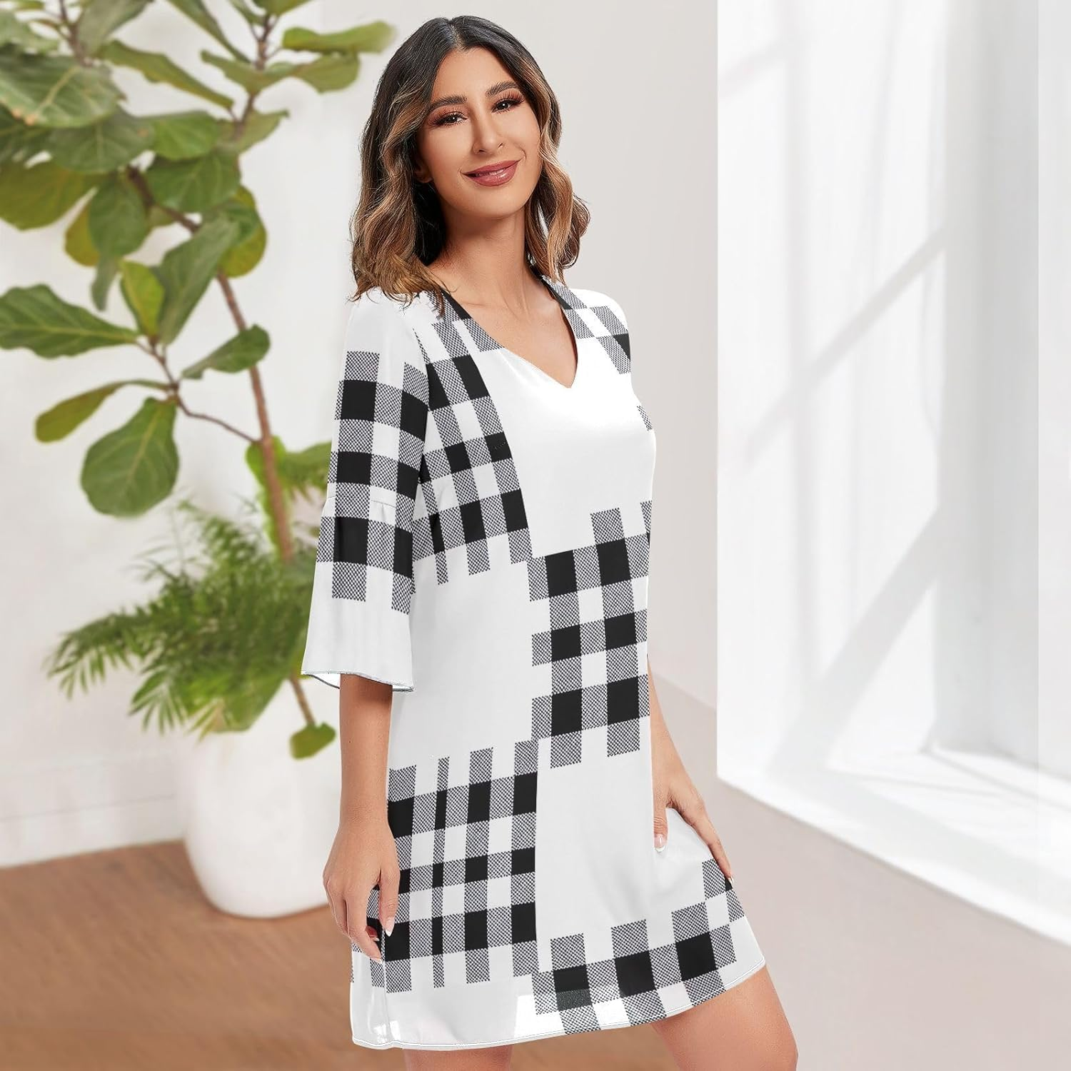 Buffalo Plaid V Line Dress Printed Maternity Dress Party image number 4