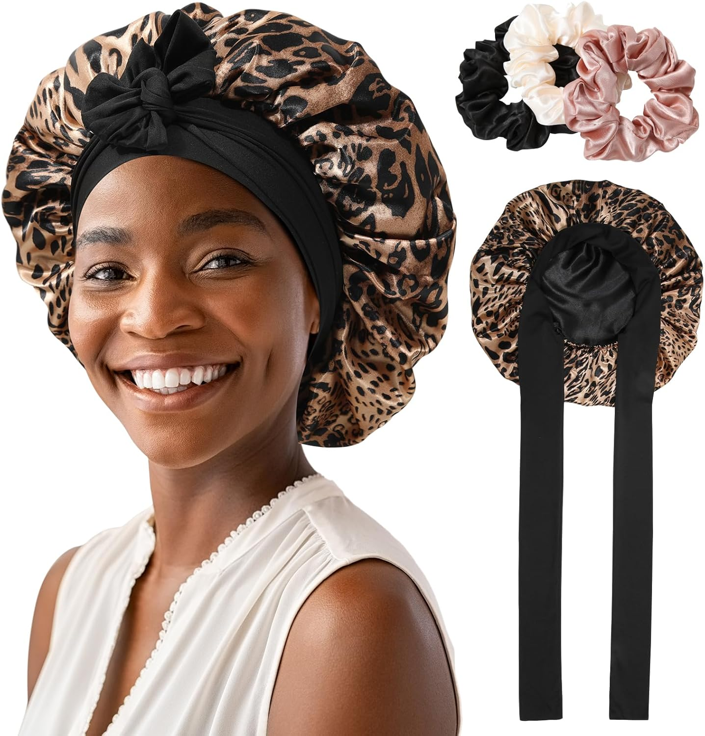 Satin Bonnet for Women Hair Bonnet for Sleeping Large Double Layer Silk Sleep Cap with Wide Elastic Band Hair Cap Sleeping