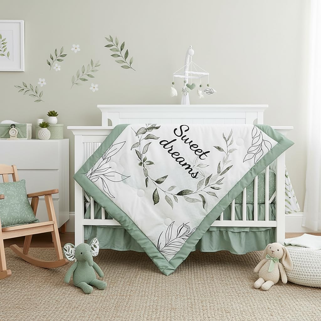 Green Leaf 4-Piece Crib Bedding Set, Baby Boy Bedding Crib Set, Neutral Nursery Bedding Set,Fitted Crib Sheet,Crib Skirt, Baby Quilt, and Diaper Stacker,Sage image number 1