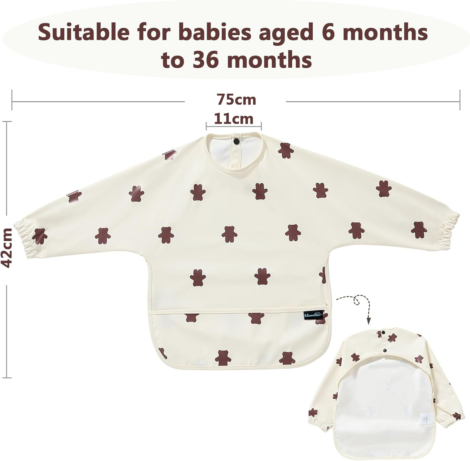 Hiumotan Feeding Bib & Baby Bib with Long Sleeves & BLW, Soft and Skin-Friendly Material, Coverall Bibs for Baby Feeding, Waterproof and Easy to Clean & Machine Washable, for Infant Toddlers - Beige image number 4