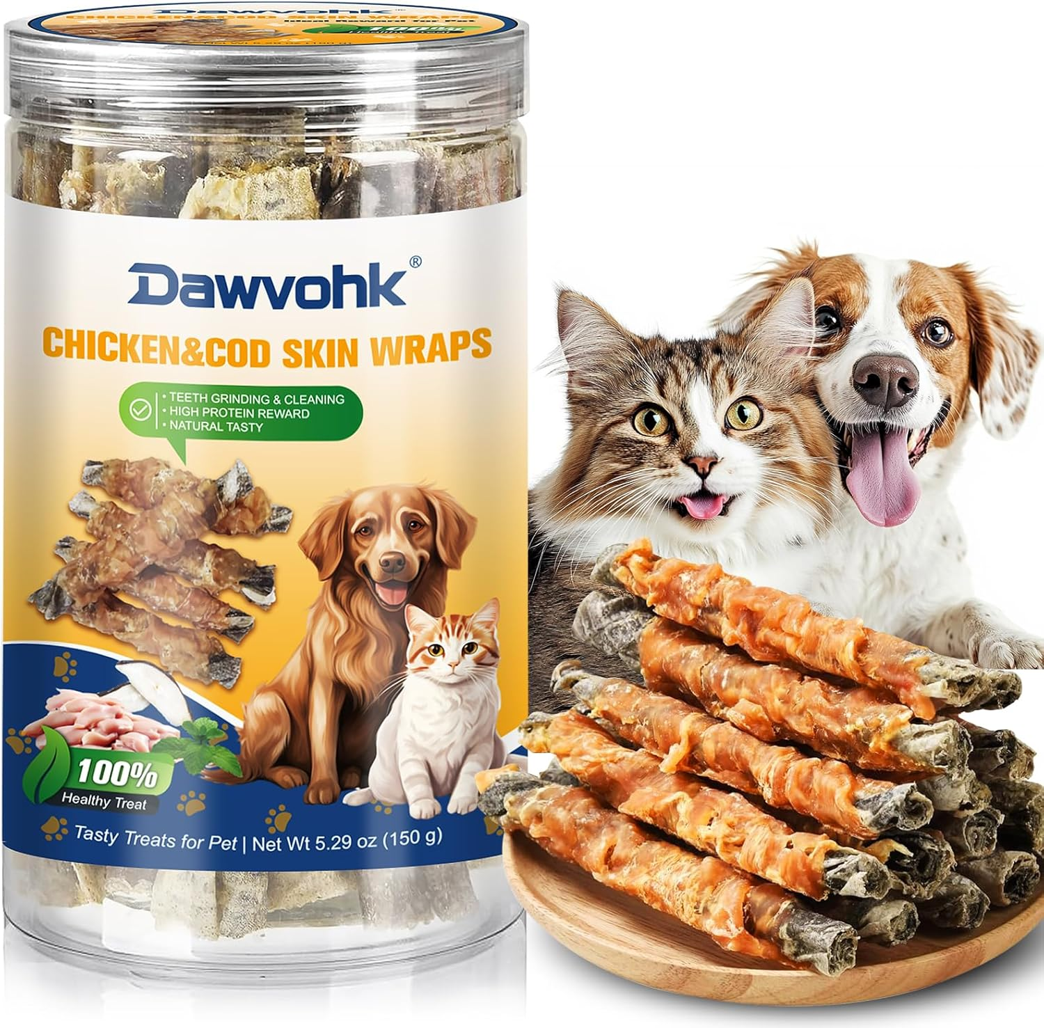 Chicken&Cod Skin Wraps Stick, High Protein Dog Treats, Healthy Chews Teeth Cleaning for Large Medium Small Pets No Additives & Preservatives (150Gram/5.29 OZ) image number 4
