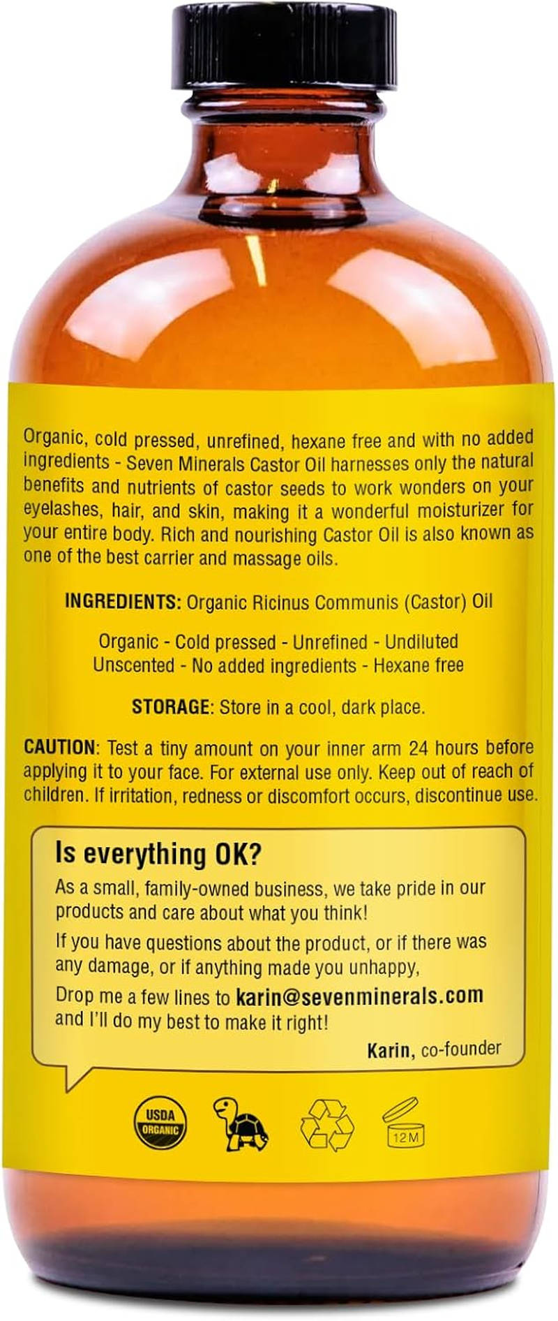 Seven Minerals NEW 16 Fl Oz Glass Bottle Castor Oil Organic Cold Pressed Unrefined Glass Bottle Pack - 100% Pure USDA Certified Organic Hexane Free image number 5