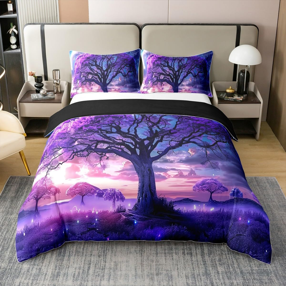 100% Cotton Trees Duvet Cover 135 X 200 Cm, Sunset Twigs Leaves Comforter Cover, Cloud Starry Sky Woodland Bedding Set, Purple Blue Pink Night Landscape Duvet Cover image number 5