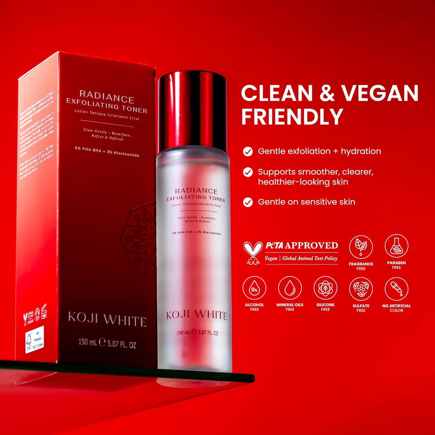 Koji White Exfoliating Toner for Face with 5% PHA BHA Toner, 2% Niacinamide, Kojic Acid & Hyaluronic Acid | Hydrating & Soothing Facial Toner | Unscented, Sensitive, Vegan, 150Ml (5.07 Fl Oz) image number 1