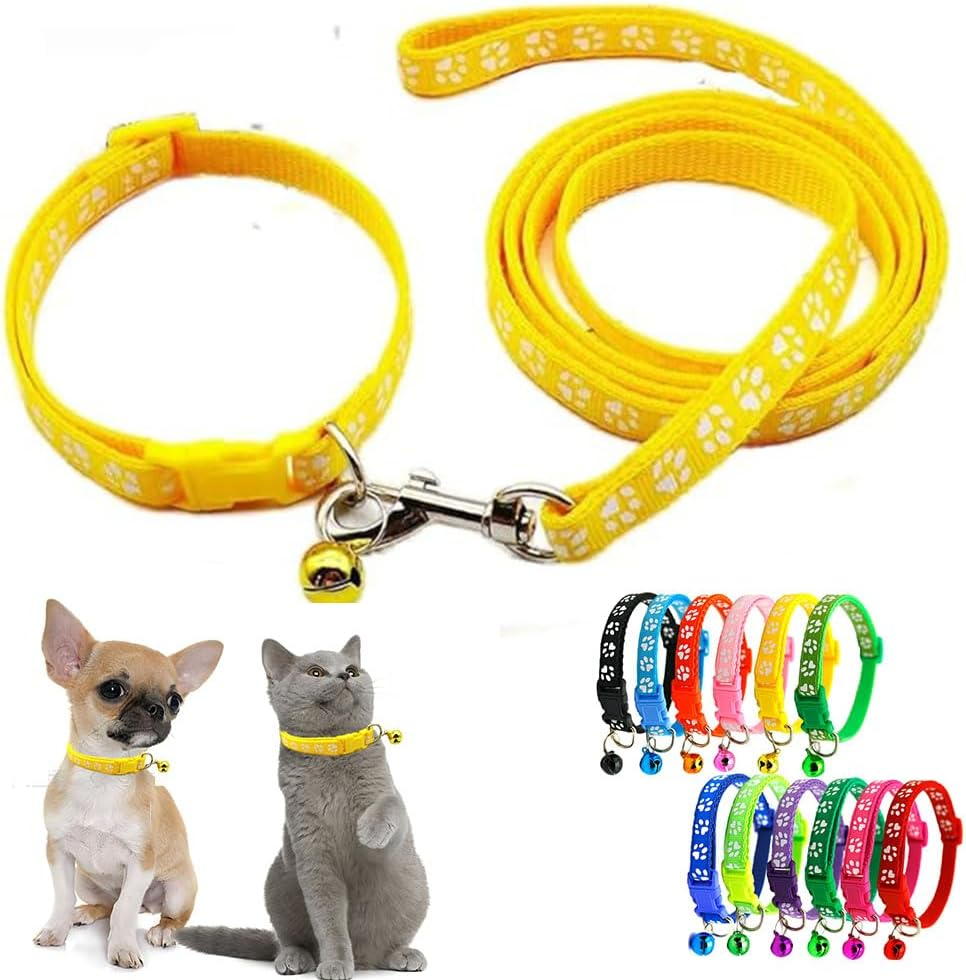 Yellow Small Cat Collar with Bell,Nylon Basic Reflective Puppy Collars Paw Print for XXS Xs Small Dog Pet Animal Litter Tiny Kitten Girls image number 5