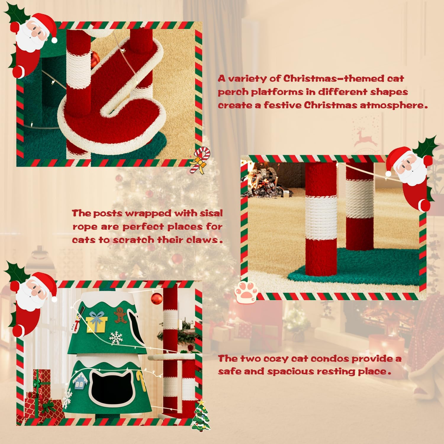 Christmas Cat Tree, Cat Tower for Large Cats with 2 Condos, Indoor Cat Tree Tower 144 Cm image number 2