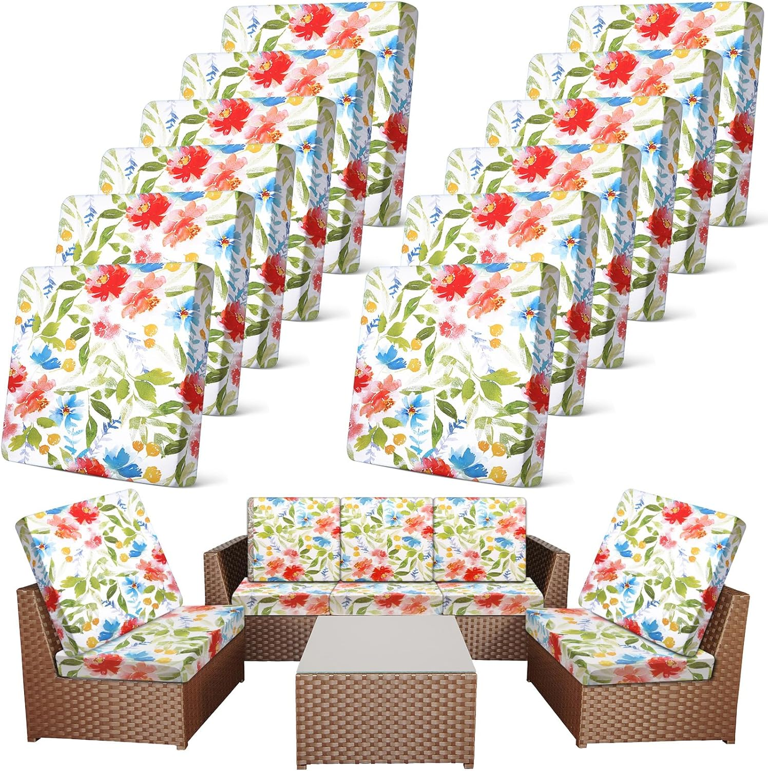 Newwiee 12 Pcs Patio Stretch Outdoor Cushion Covers Sofa Couch Covers Replacement Couch Slipcover for Sofa Seat Chair Porch Patio Furniture Protector, Flexibility and Washable(Flower,Watercolor) image number 7