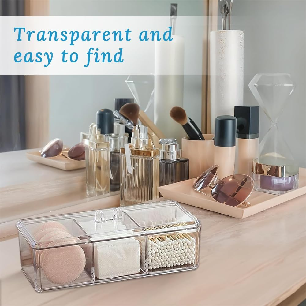 2 Pack Square Qtip Holder Dispenser,Clear Dresser Organizer,With 3 Divided Compartments&Lid, Waterproof,Plastic Storage Containers,For Cotton Swabs,Make up Pads,Cosmetics image number 2