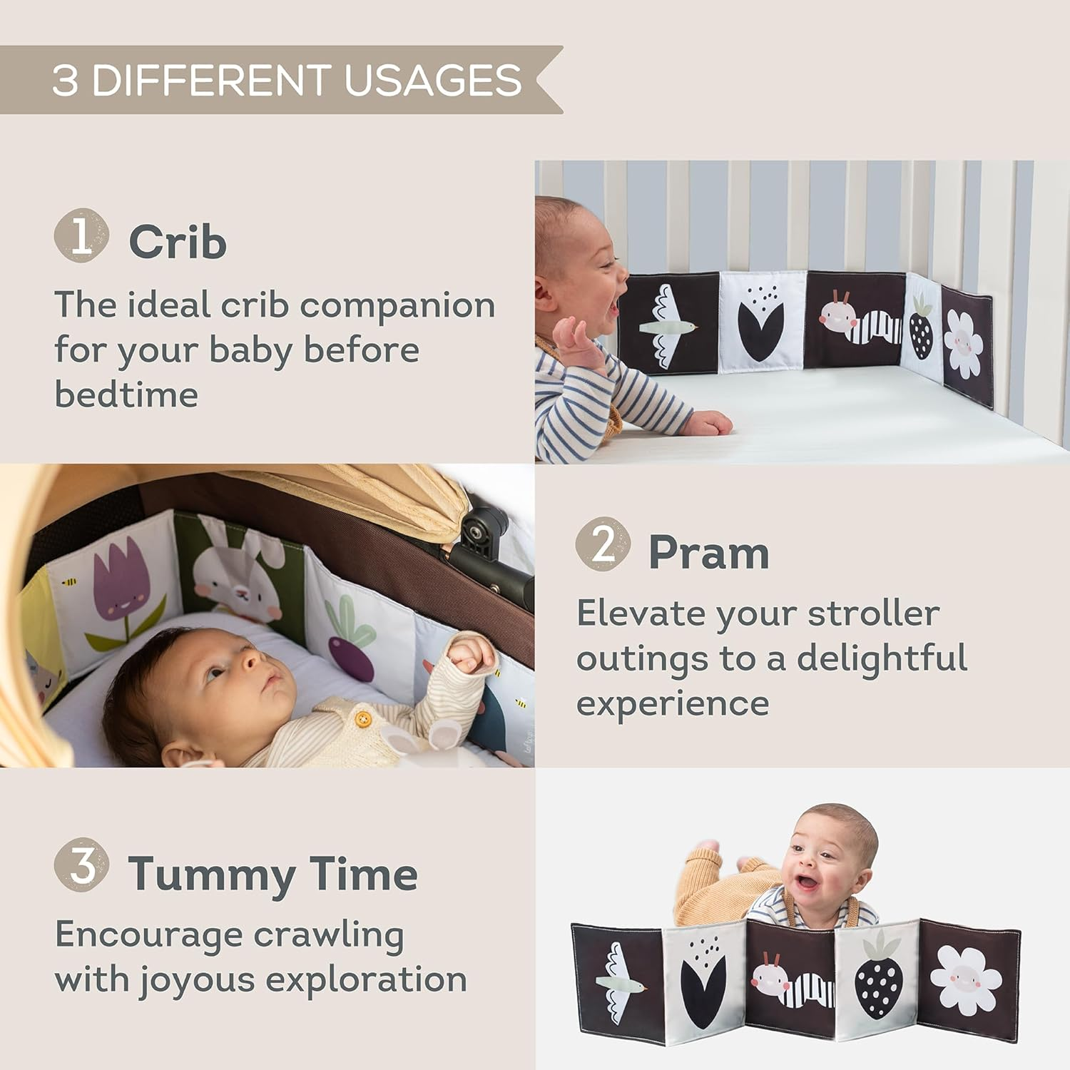 Taf Toys Bunny Black and White Soft Sensory Books Pram Book, High Contrast Baby Toys 0-3-6 Months, Essentials Tummy Time, Pram, Stroller, Car Seat Toy, Infant Toys, Newborn Essentials Must Haves image number 5