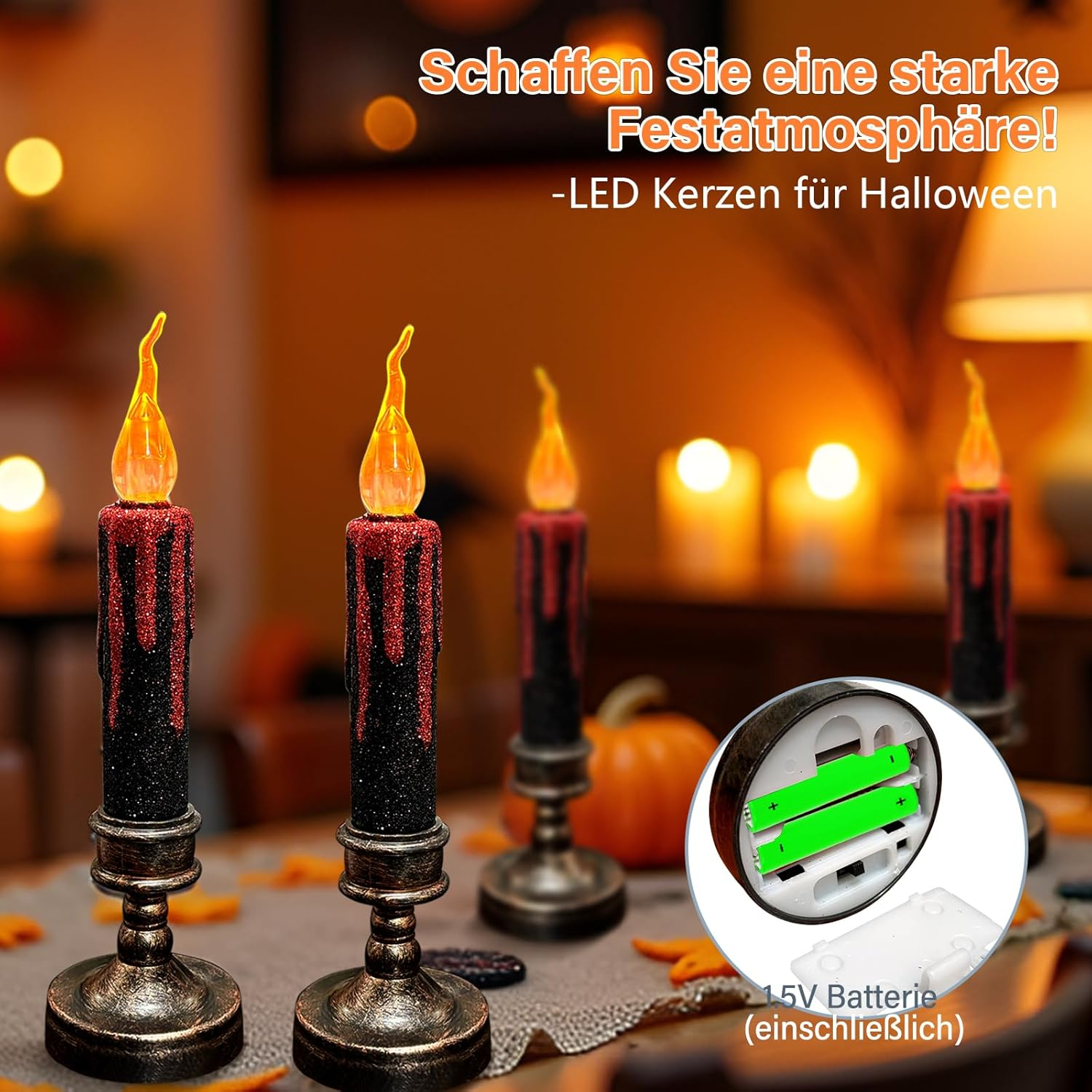 TINYOUTH 2 X 21 Cm Large LED Candles for Halloween, Christmas, Black Glitter Table Candles, Light Batteries Included for Wedding Party, Anniversary, Engagement Decoration image number 4