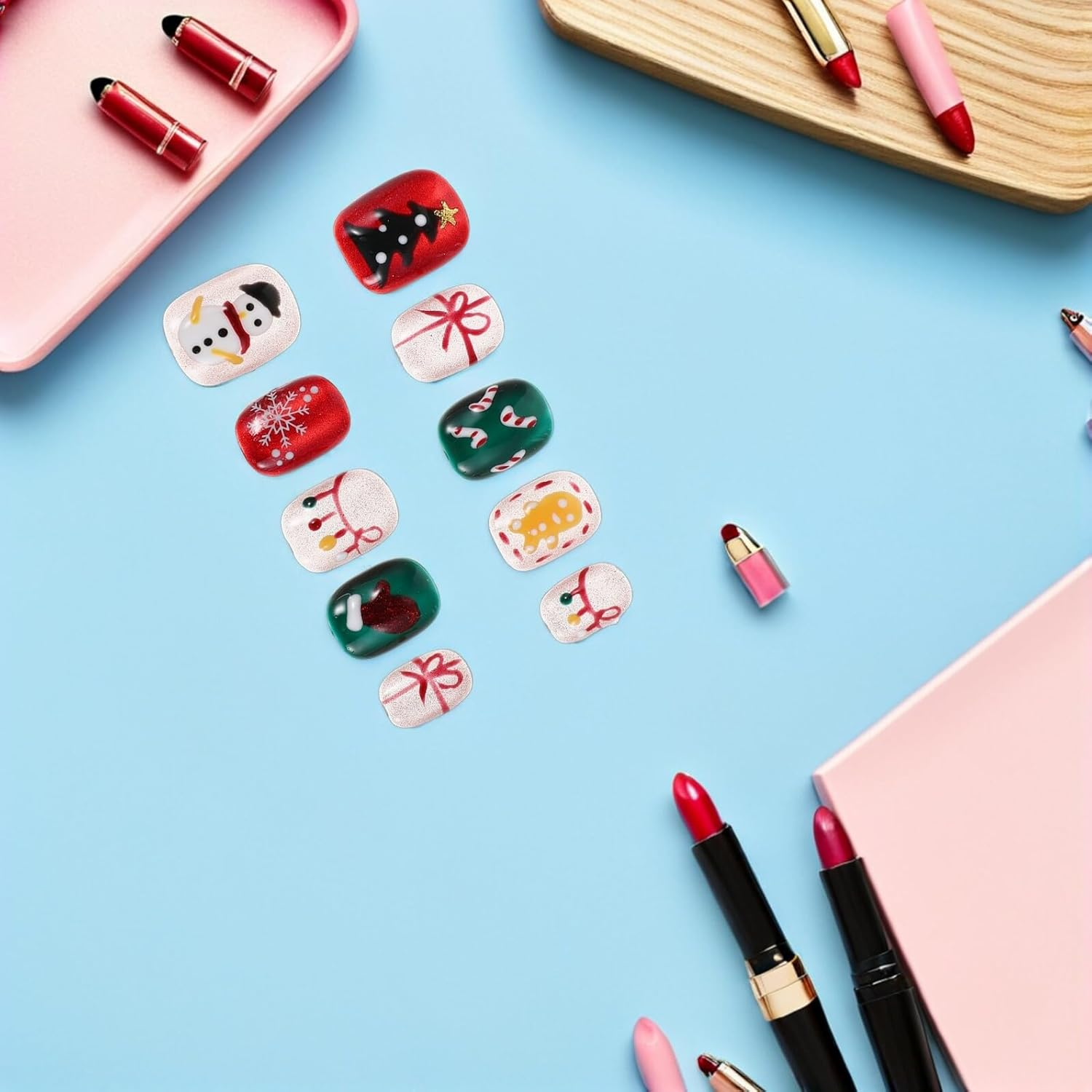 BAZEITFLOW Christmas Short Press Nails Snowflake Candy Cane Art Stickers Square False Nails with French Tips Festive Holiday Manicure for Women image number 6