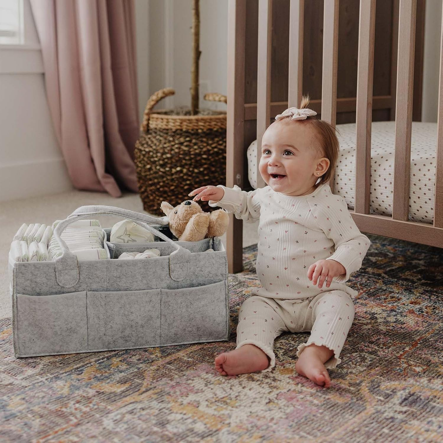 Mumoo Bear Baby Diaper Caddy Organizer for Changing Table, Nursery Storage Bin Basket with Handle, Felt Diaper Organizer Suitable for Indoor Outdoor -Grey