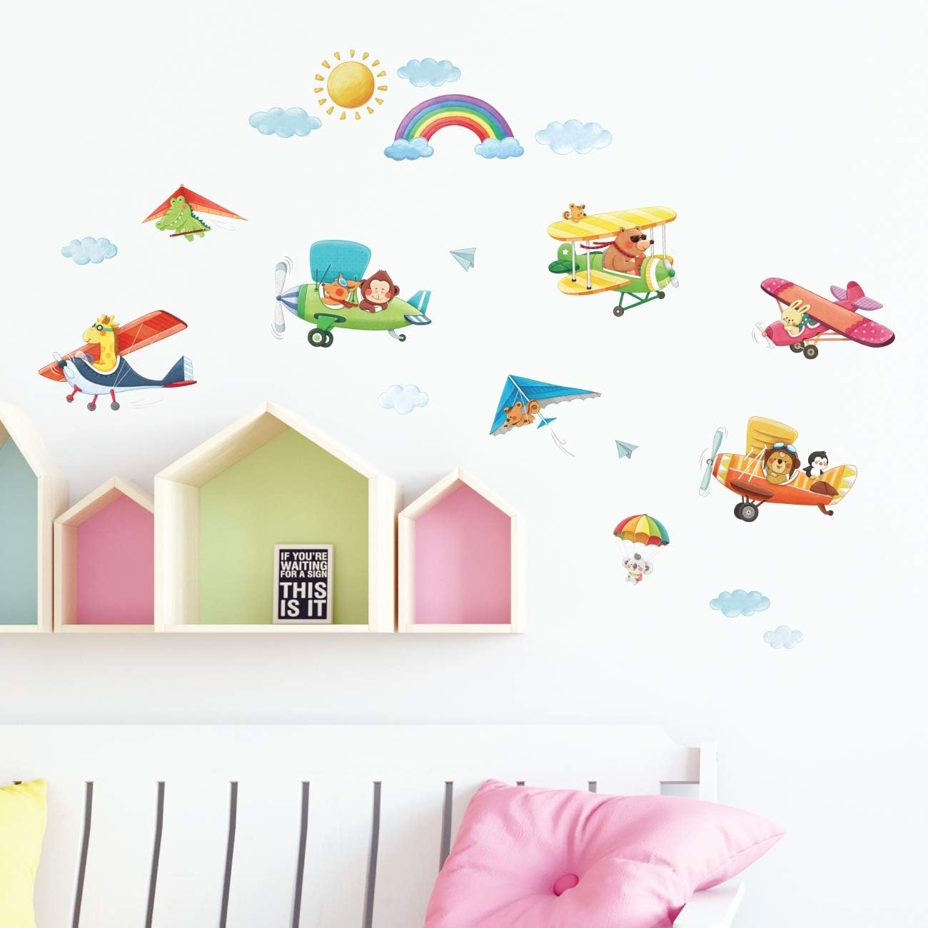 DECOWALL DS-8026 Animal Biplanes Kids Wall Stickers Wall Decals Peel and Stick Removable Wall Stickers for Kids Nursery Bedroom Living Room (Small) image number 2