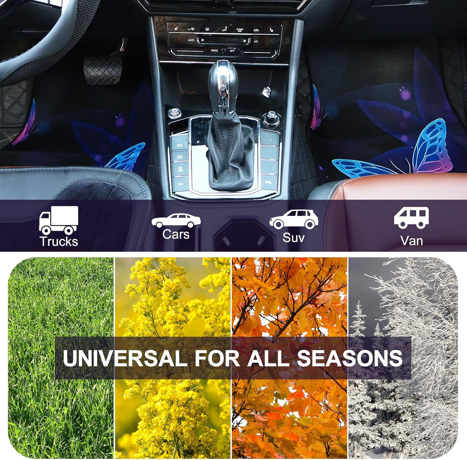 Automotive Floor Mats, Universal Fit All Weather Car Carpet Full Set, Halloween Skeletons Skull Butterfly Bats Printed Floor Mats Rugs Decor for Sedan, Suvs, Truck, Vans (Purple-Butterfly) - Blue-Skull image number 5