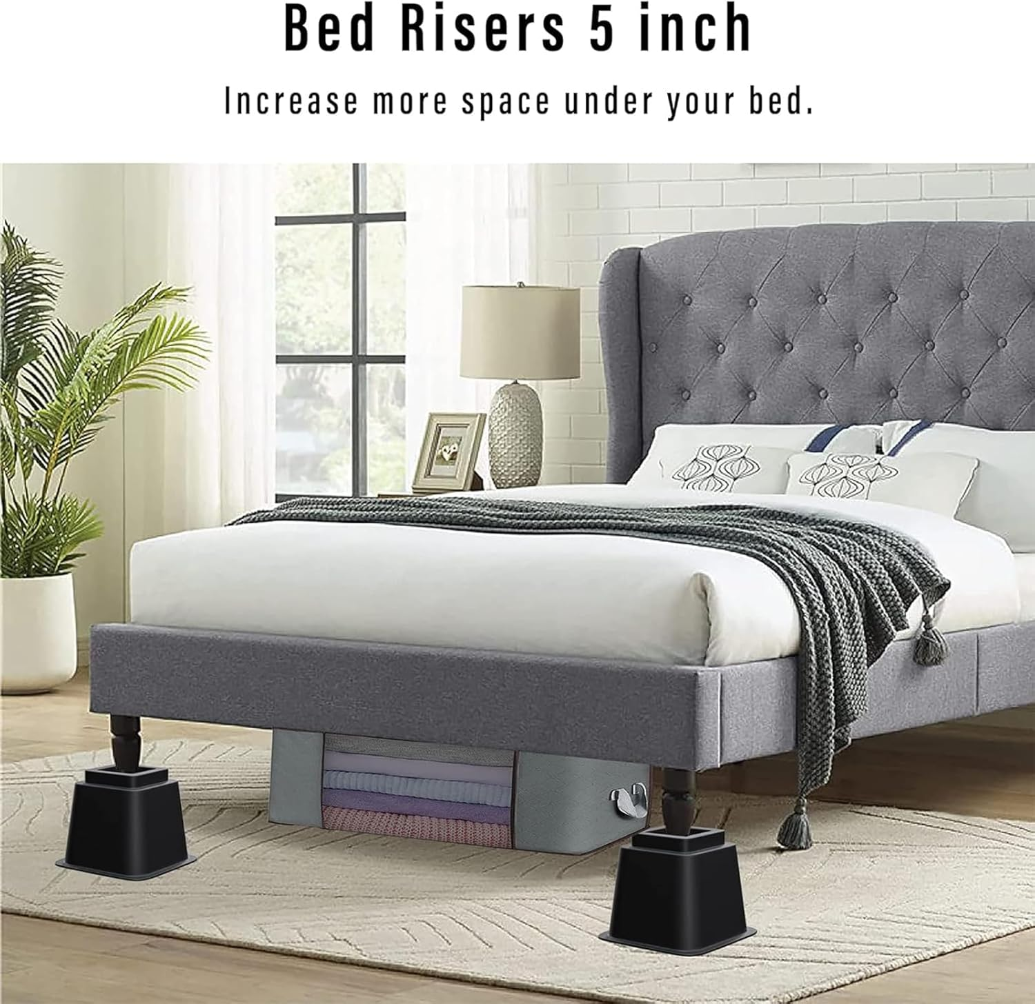 Adjustable Bed Furniture Risers-Stackable Bed Frame Risers,Heavy Duty Risers for Beds Elevation in Heights 3, 5 or 8 Inch for Chair, Table and Sofa- Supports up to 1300 Lbs - (Set of 8 Riser, Black) image number 3