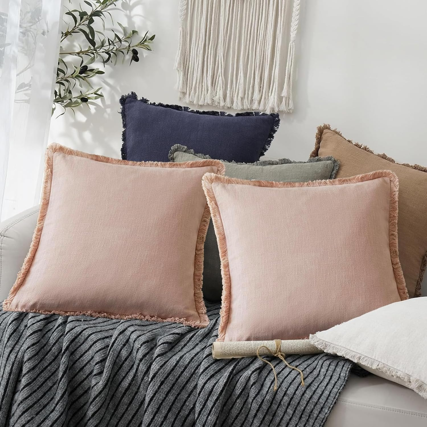 Cushion Covers 18X18 Inch - Set of 2 Decorative Fringe Throw Pillow Covers, Soft Boho Farmhouse Cushion Covers with Tassels for Sofa, Bed, Living Room Home Decor (Navy) image number 1