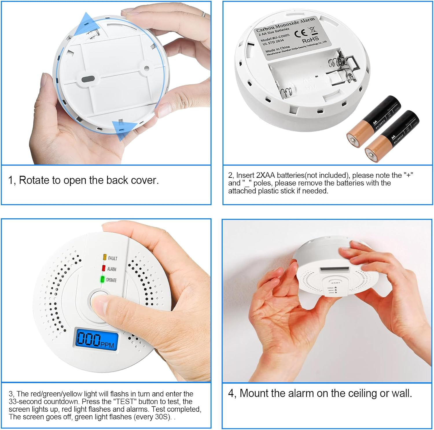 Carbon Monoxide Detector,Replaceable Battery Operated CO Alarm Detector with Test Button and Digital Display Suitable for Home, Office,Comply with EN50291(AA Batteries NOT Included) image number 5