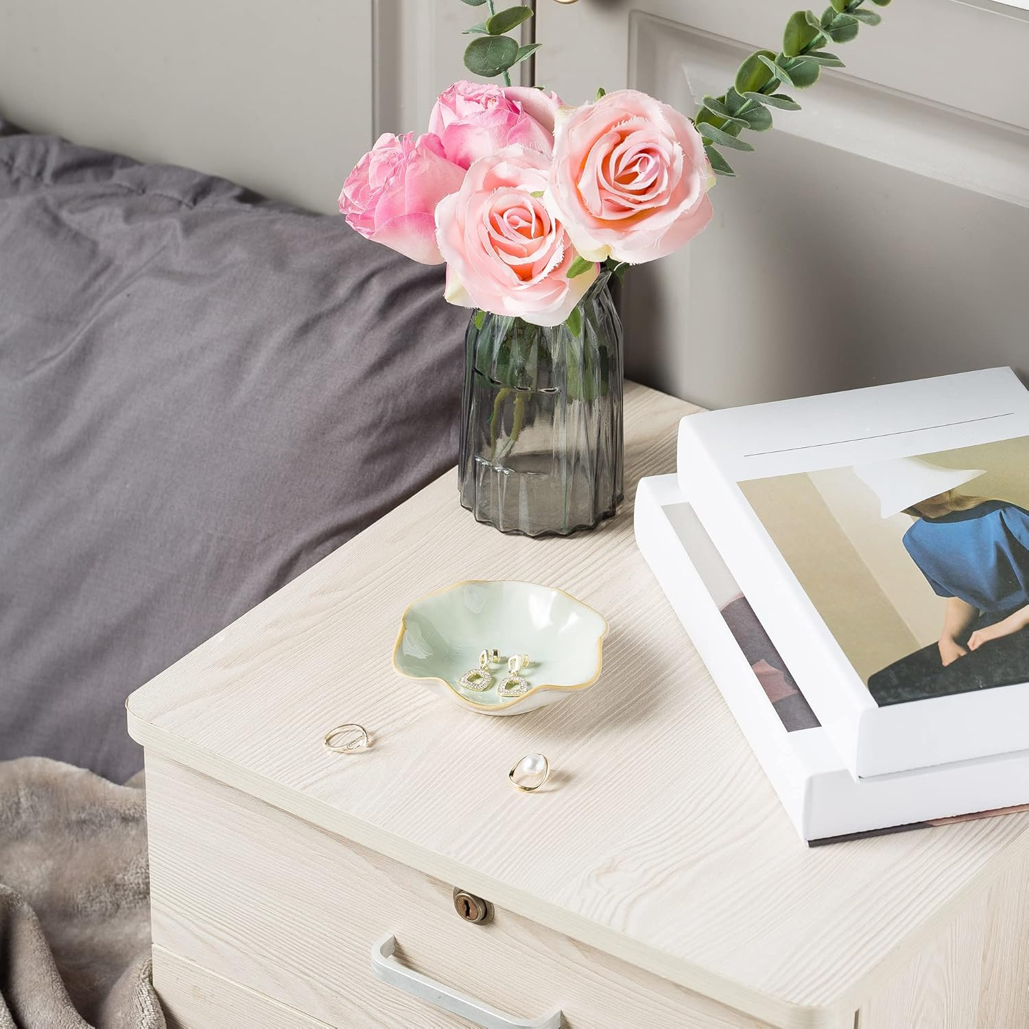 Jewelry Dish Tray, Ring Dish, Ceramic Trinket Tray, Key Bowl, Decorative Plate, Gifts for Friends Sisters Daughter Mother(Light Green) (JS202) image number 1