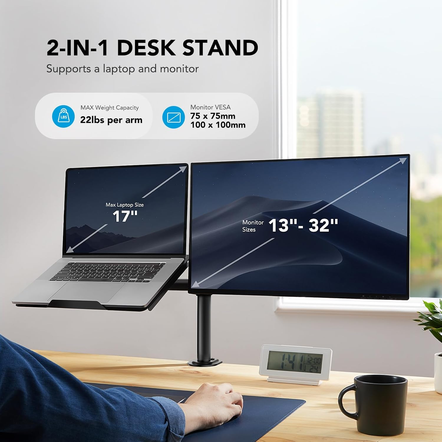HUANUO Laptop Stand, Dual Monitor Stand with Laptop Tray, Monitor Mount Holds 13-32 Inch Computer Screen, Laptop Arm Fits up to 17 Inch, Fully Adjustable Weight up to 22 Lbs, HNCM2 image number 3