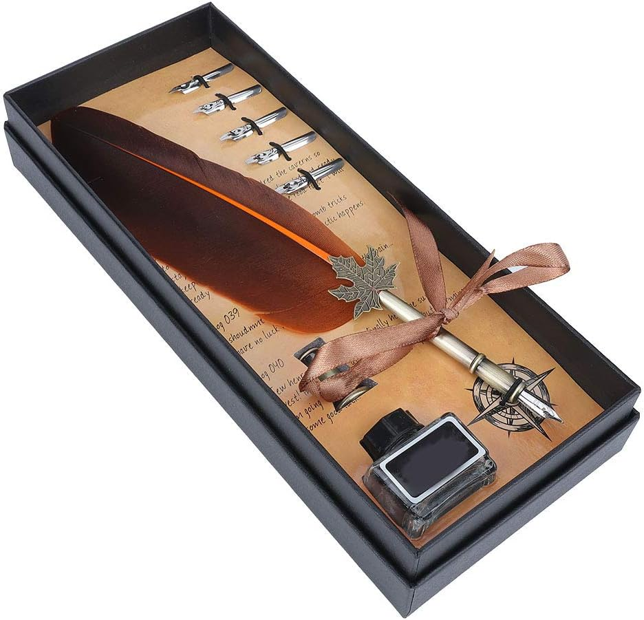 Feather Quill Pen Set, Retro English Calligraphy Dip Pen with 5 Alloy Nibs Antique Set Luxury Vintage Signature Lightweight Writing Ink Stationery Gift Box for Friend Teacher Family(Blue)