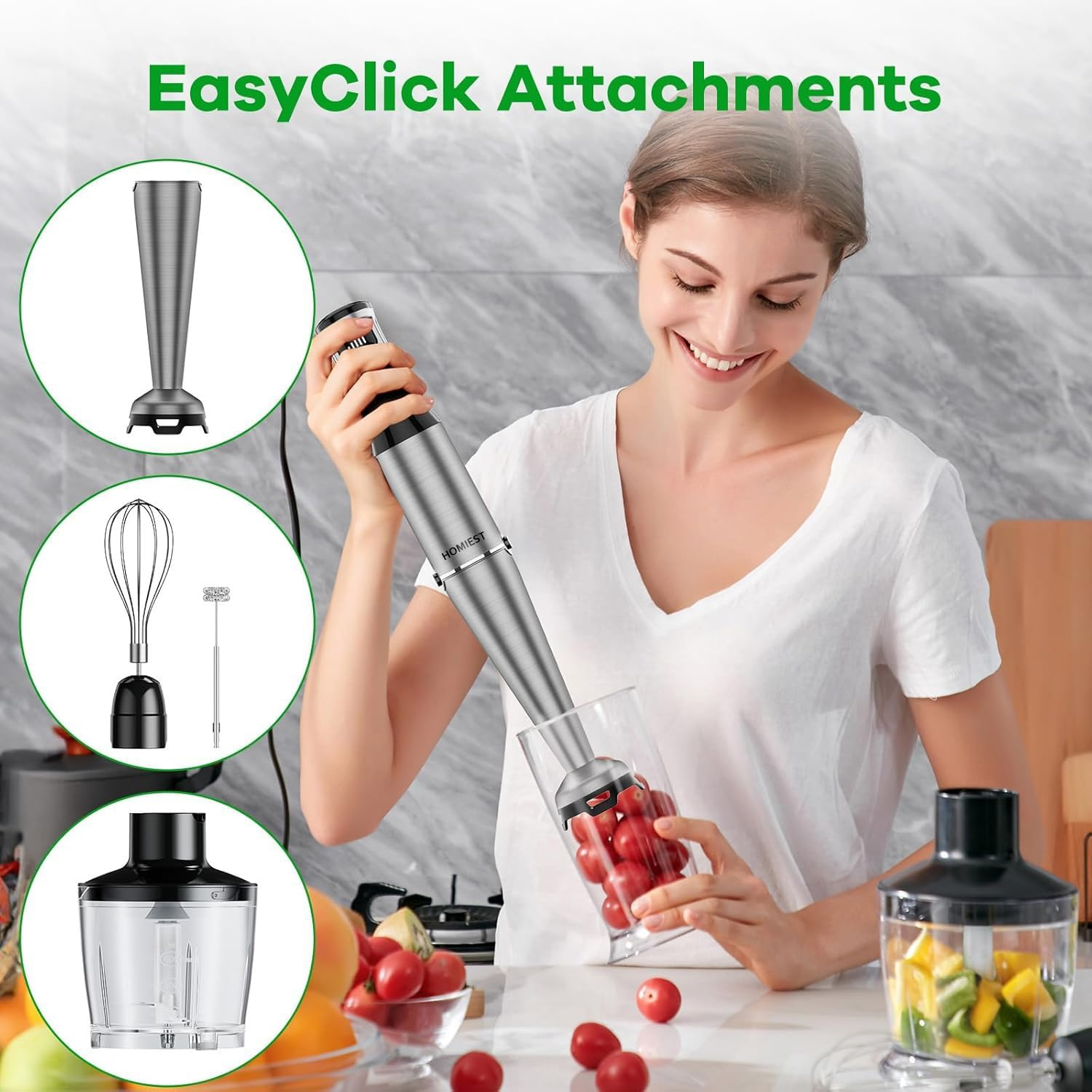 1100W Corded Hand Handheld Immersion Blender, Trigger Variable Speed 5 in 1, Emulsion Blender with Chopper, Whisk and Frother for Soup, Baby Food and Smoothies image number 3