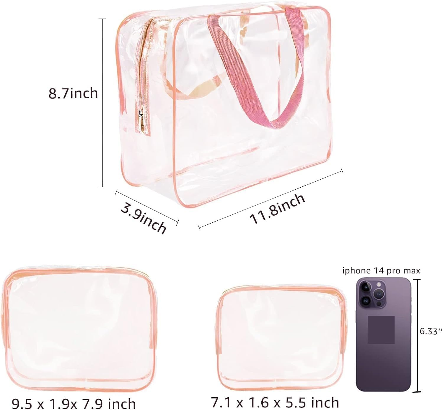 3Pcs PVC Travel Toiletry Bag Kit for Women Men, Waterproof Packing Organizer Storage Bags with Zipper Handle Straps, Cosmetic Pouch Carry on Airport Handbag (Pink, Pack of One) image number 2