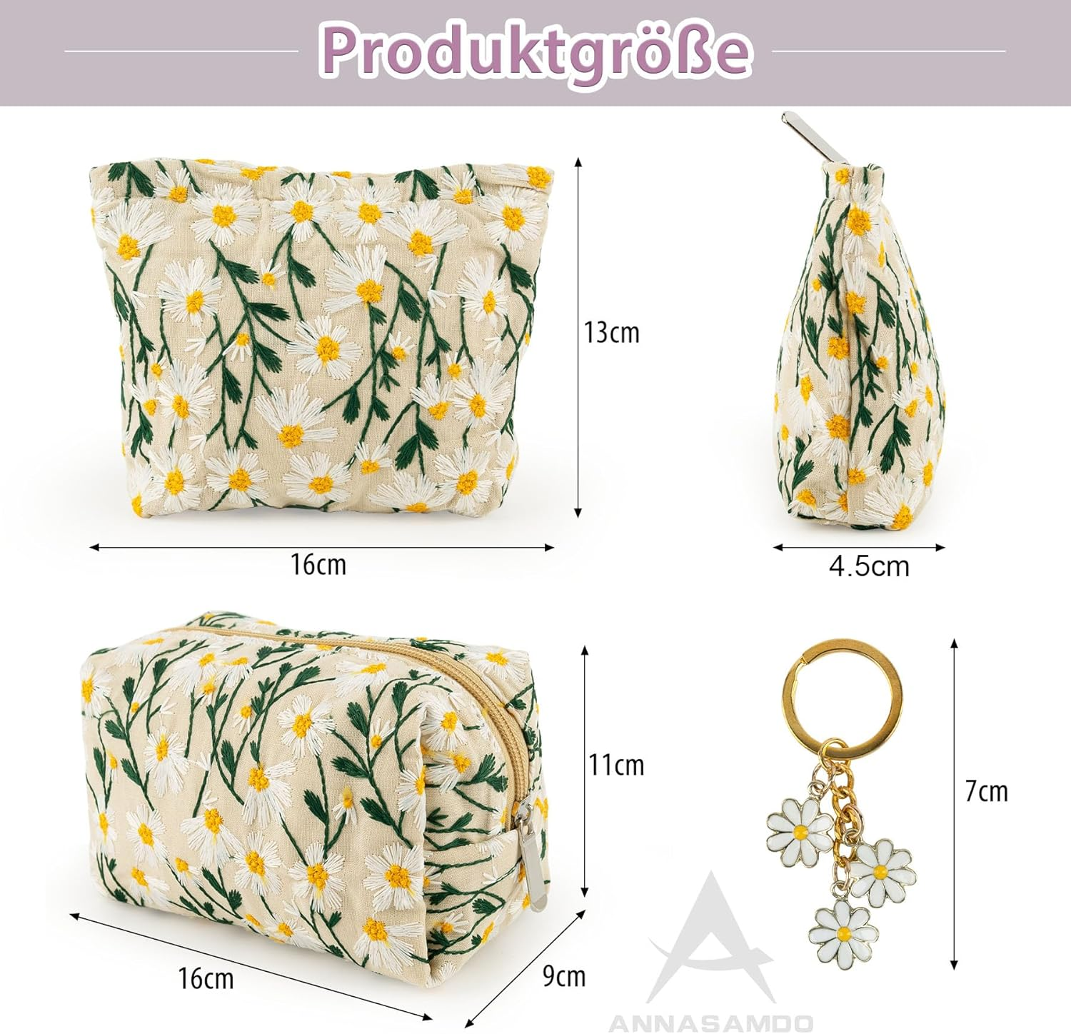 ANNASAMDO 2 Pieces Cosmetic Bag with Daisy Key Ring Floral Pattern Makeup Organiser Toiletry Bags for Travel image number 2