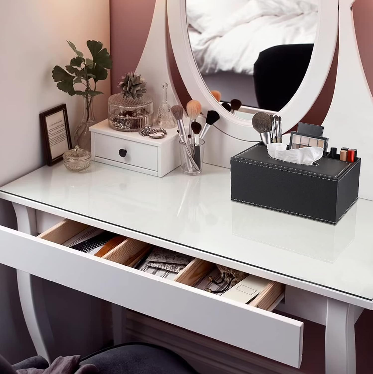 PU Leather Household Office Rectangular Tissue Box with Remote Control Storage Organizer Box (Black, One Size) image number 2