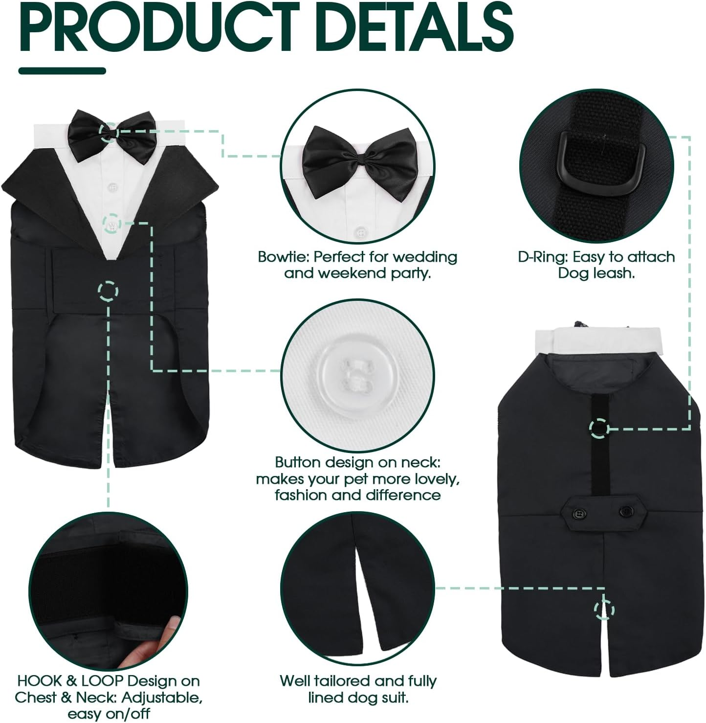 Kuoser Dog Tuxedo, Dog Wedding Suit and Bandana Set, Pet Clothes Puppy Formal Shirt with Removable Bow Tie, Doggie Costume Small Medium Large Dogs Outfit for Party Birthday Festival image number 5