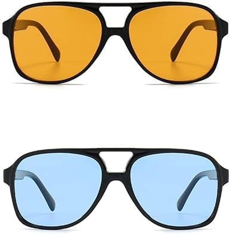 2Pcs Retro Aviator Sunglasses for Women and Men, Classic Oversized Style 70S Vintage Design, Lightweight and UV Protection（Yellow/Blue） - Mecus