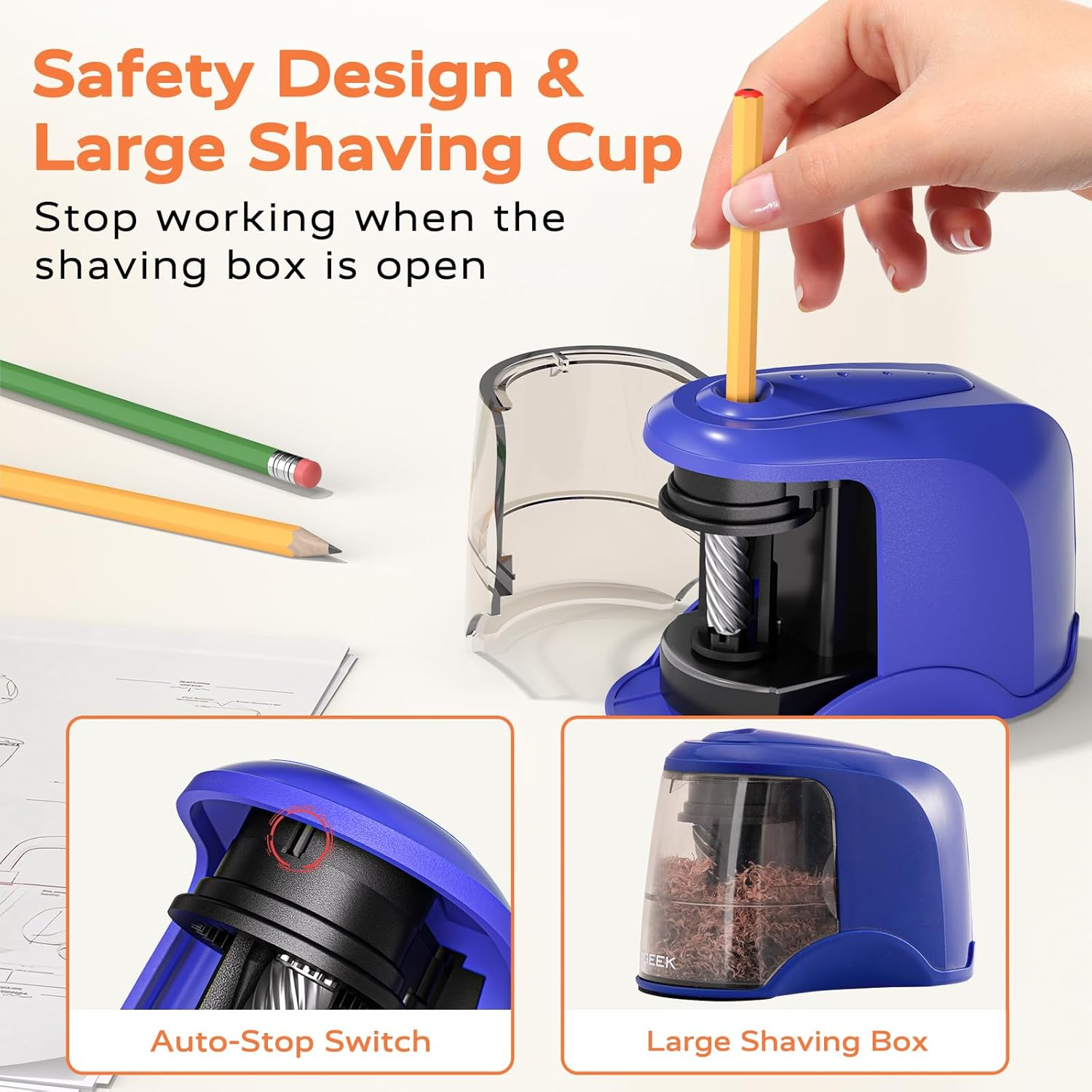 STAGEEK Electric Pencil Sharpener with Container, Battery Sharpener for 6-8 Mm Pencils/Colouring Pencils, Electric Sharpener with Box, Battery and USB Two Modes, Auto Stop, Office, Blue image number 5