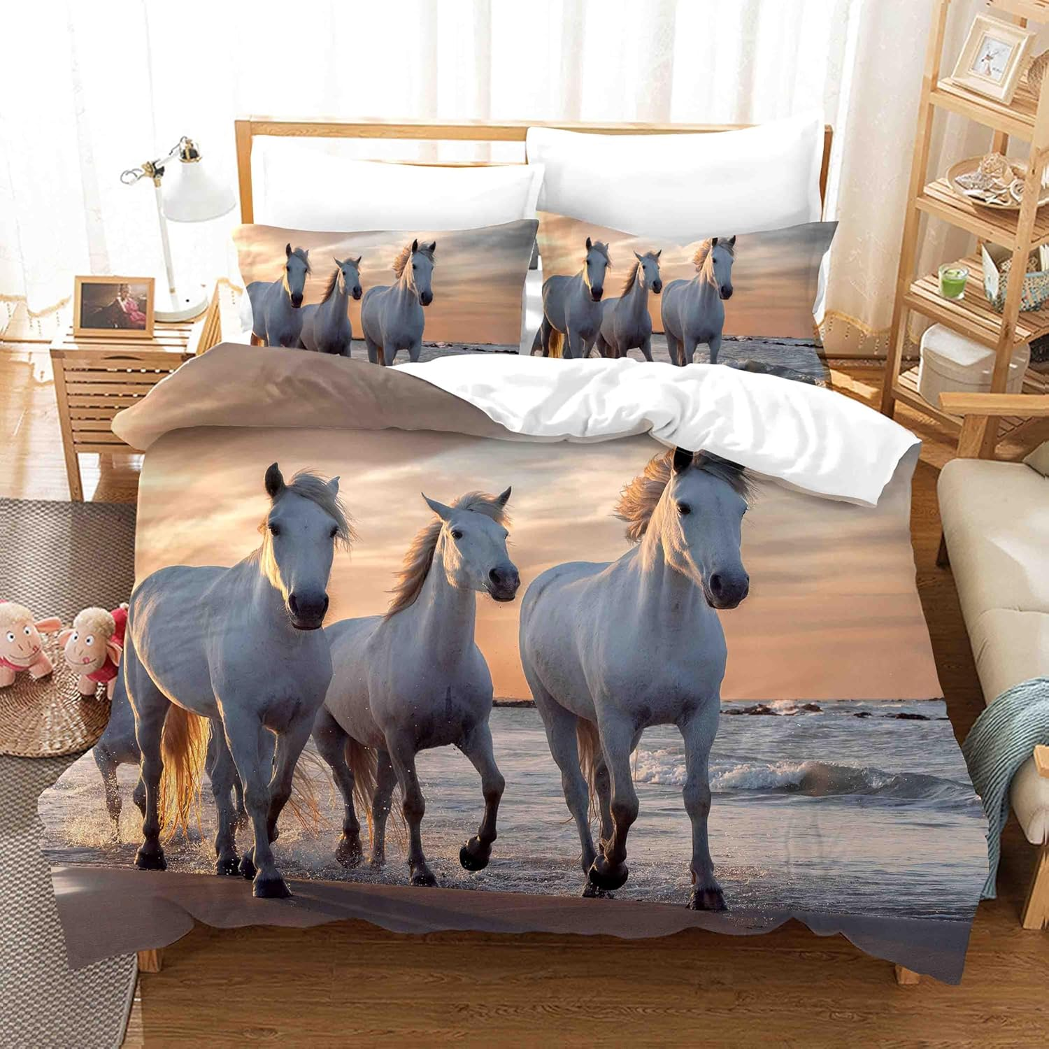 3D Running Horse White Sea Quilt Cover Set Bedding Set with Pillowcases, Single/Double/Queen/King Size (Queen) image number 1