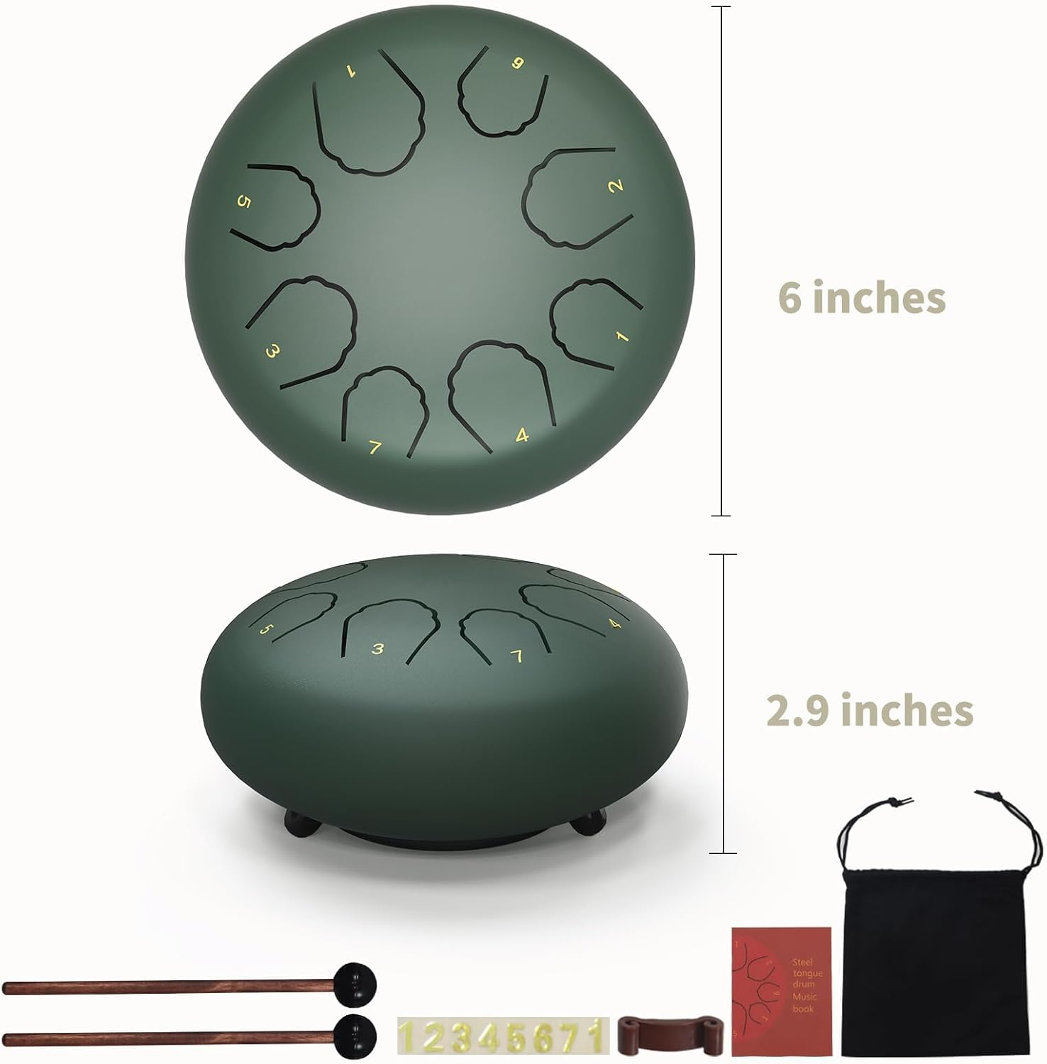 Professional Steel Tongue Drum for Adults & Kids - 6 Inch Hand Percussion Instrument Rain Drum with 8 Notes for Yoga, Meditation, Music Therapy & Concerts Play (Green, 6 Inch) (Green) - Silver Gray image number 6